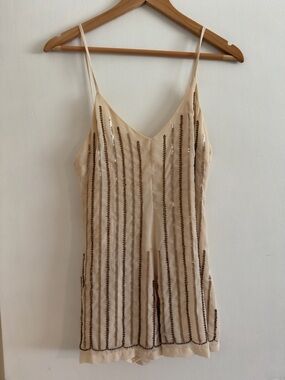 Tobi Beige Beaded Striped Romper